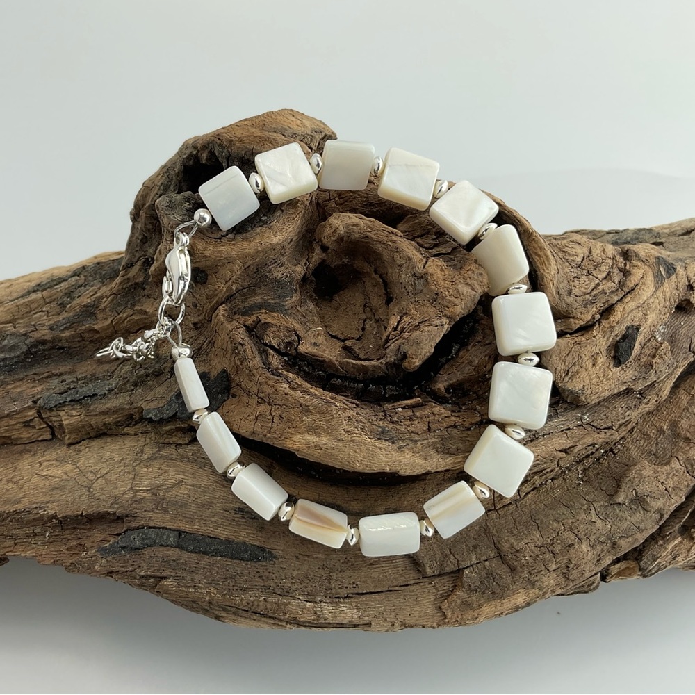 Mother of Pearl Bracelet, Geometric, Squares, Neutral, Beach Vibe, Handmade - Picture 9 of 10